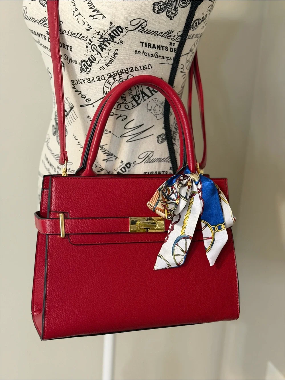 Red Structured Top-Handle Tote with Scarf Accent & Crossbody Strap
